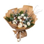 Winter Delight bouquet with white roses, cotton and pine