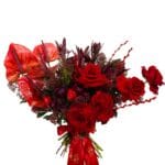 Lovable bouquet with red roses, tulips and mixed flowers