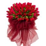 Bouquet of 151 red tulips with dark wrapping and red ribbon