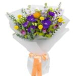 Cairo Essence bouquet with purple flowers and yellow craspedia