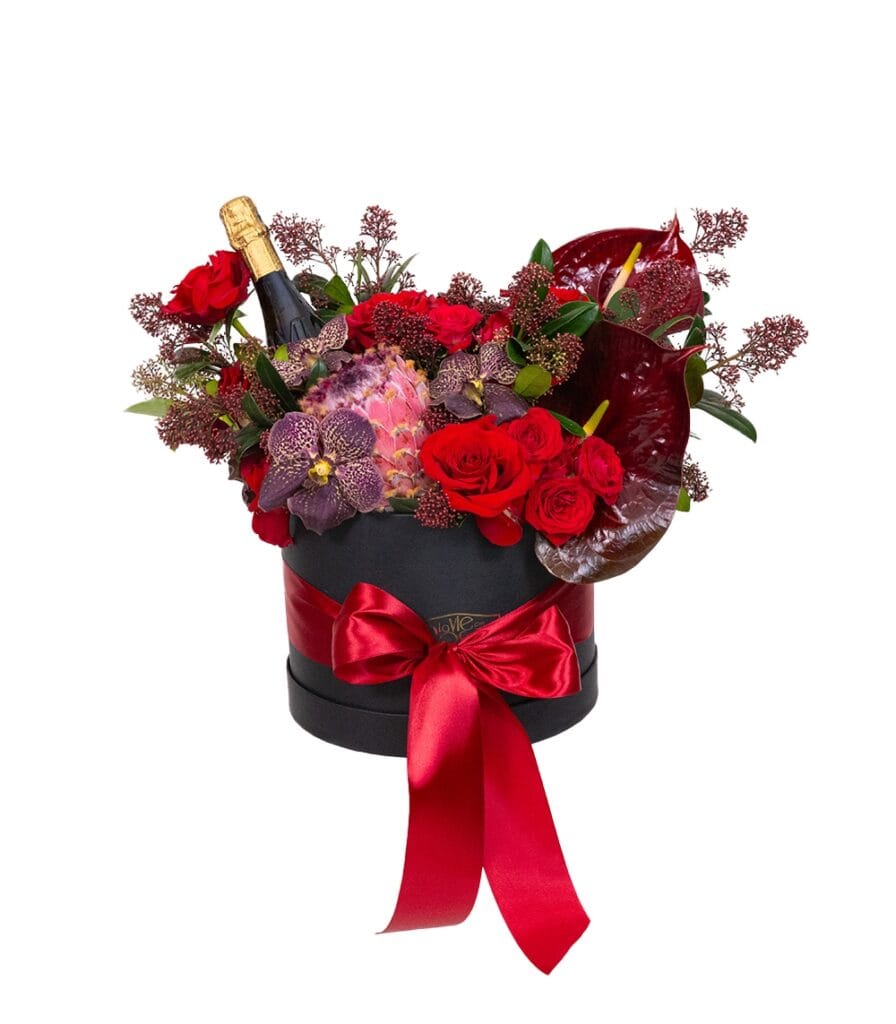 Red and burgundy flower box with Vendôme Mademoiselle Classic