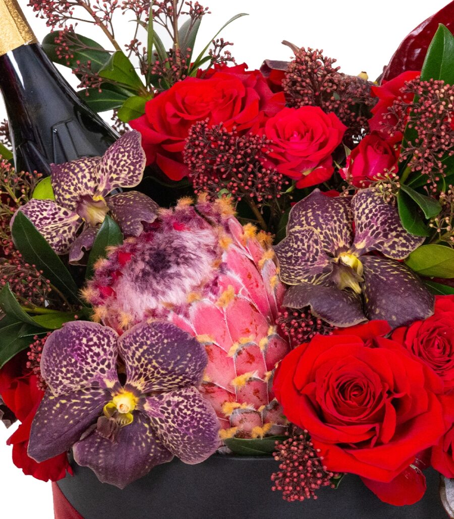 Box of Mixed Red Flowers and Nonalcoholic Sparkling Wine - Image 3