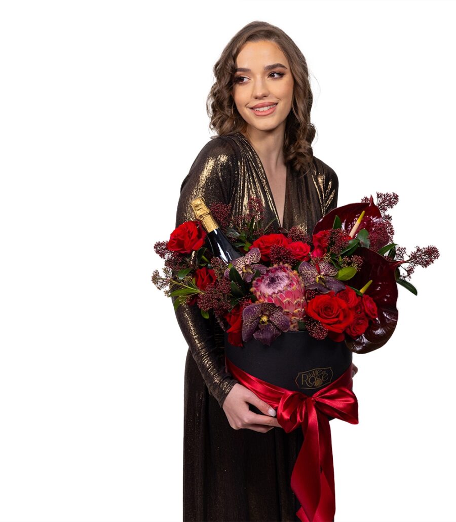 Box of Mixed Red Flowers and Nonalcoholic Sparkling Wine - Image 2
