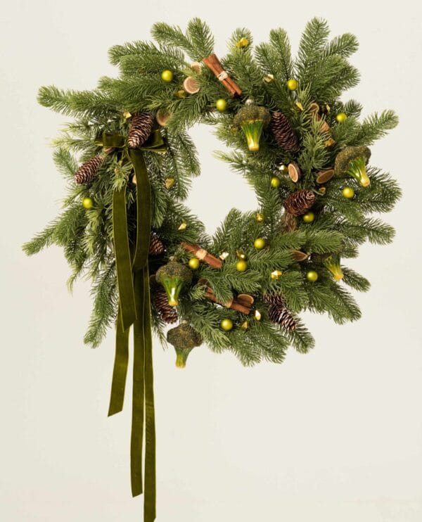 Broccoli Wreath with pine, green velvet, cinnamon, walnuts and cones