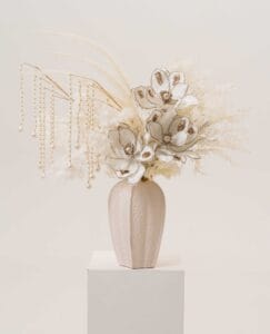 Winter Magnolia Luxe tall vase arrangement with ivory florals and pearls