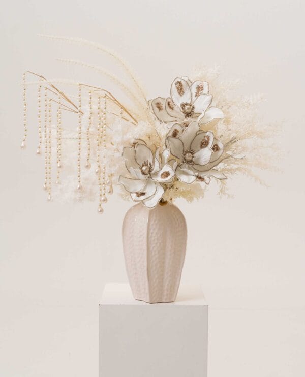 Winter Magnolia Luxe tall vase arrangement with ivory florals and pearls