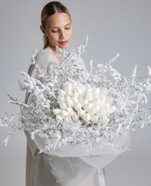 Crystal White Bouquet with white tulips, frosted foliage and crystal accents