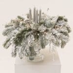 Crystal Candle Centerpiece with frosted pine, pearls and decorative candles
