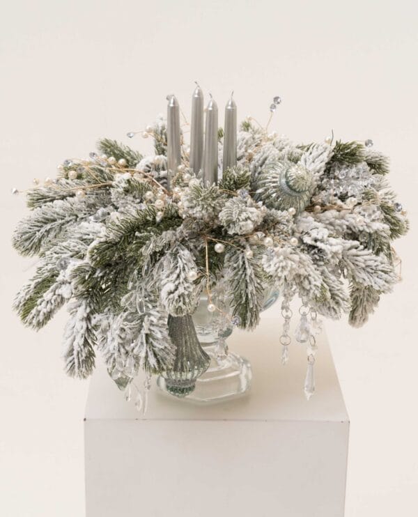 Crystal Candle Centerpiece with frosted pine, pearls and decorative candles