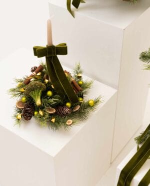 Broccoli Hanging Centerpiece with pine, walnuts, velvet bow and decorative candle