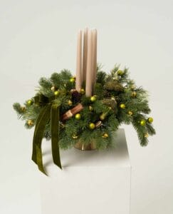 Broccoli Candle Centerpiece with three decorative candles, pine and walnuts