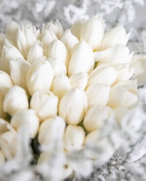 Crystal White Bouquet with white tulips, frosted foliage and crystal accents