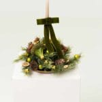 Broccoli Hanging Centerpiece with pine, walnuts, velvet bow and decorative candle