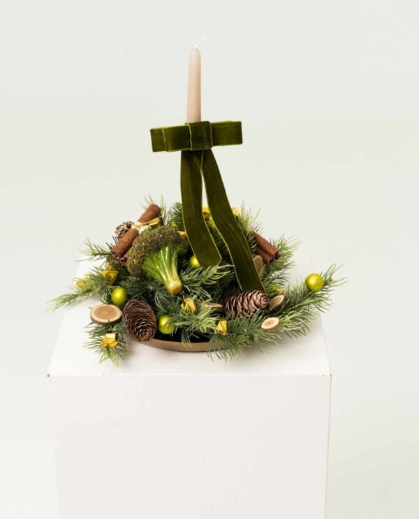 Broccoli Hanging Centerpiece with pine, walnuts, velvet bow and decorative candle