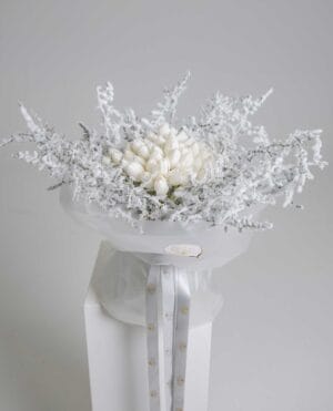 Crystal White Bouquet with white tulips, frosted foliage and crystal accents