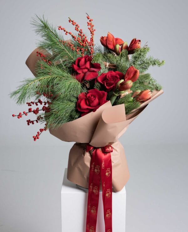 Majestic Red Bouquet with red roses, amaryllis, ilex berries and pine