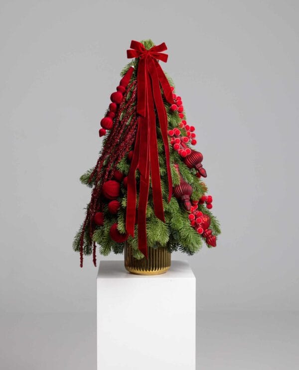Majestic Red Mini Tree with pine, red baubles and velvet ribbons