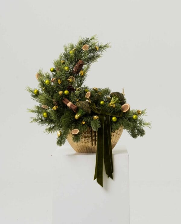 Broccoli Vase Arrangement with pine, walnuts, cinnamon and green velvet