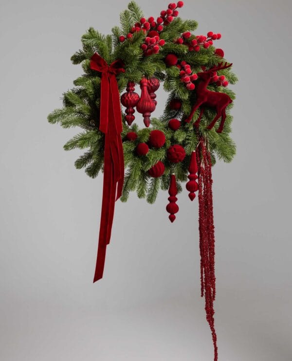 Majestic Red Wreath with fresh pine, velvet ribbons and crimson baubles